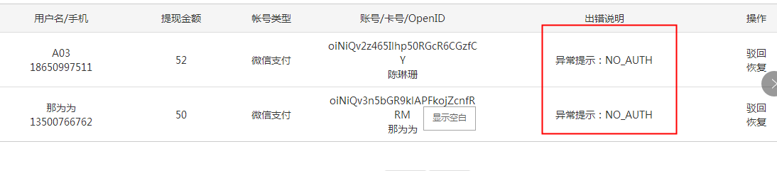 会员和分销商余额提现出现NO AUTH？